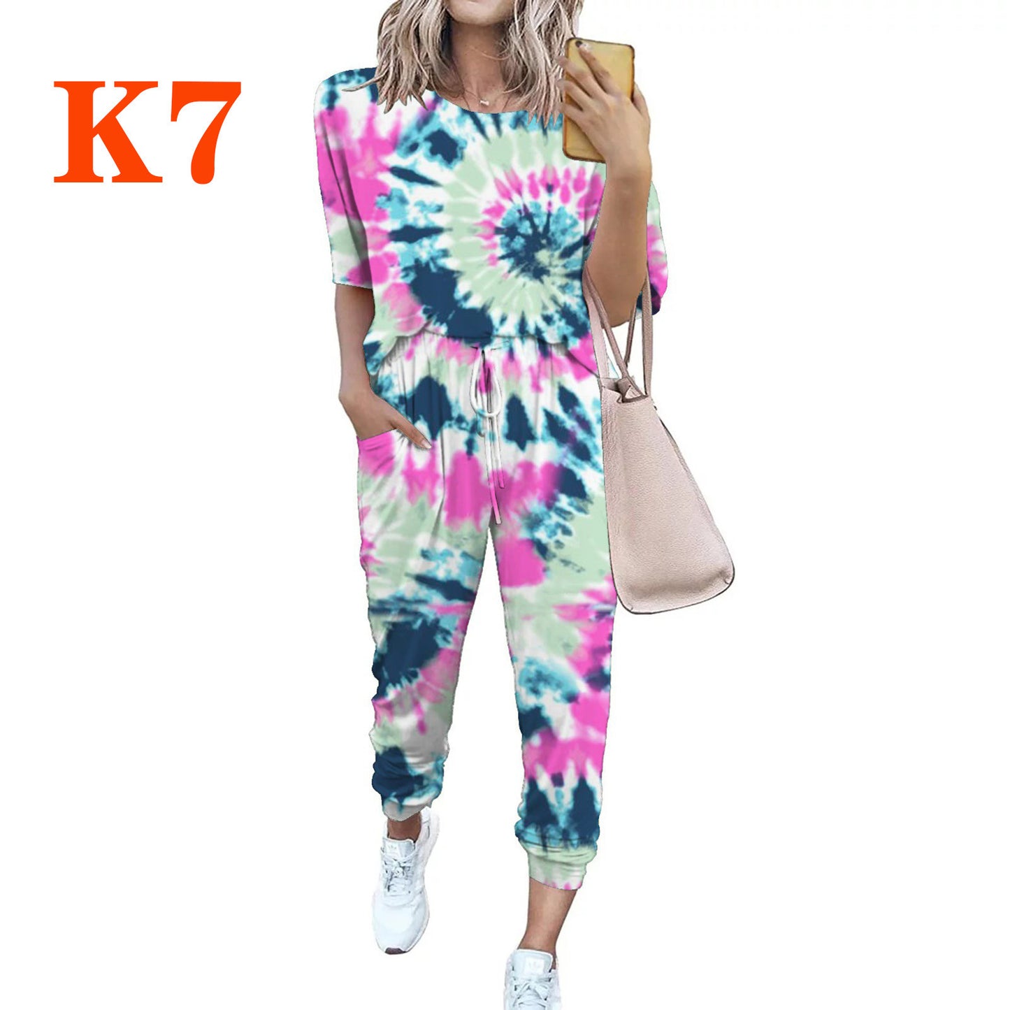 Women's casual jumpsuit with trendy tie-dye design and practical pockets Ivyshape