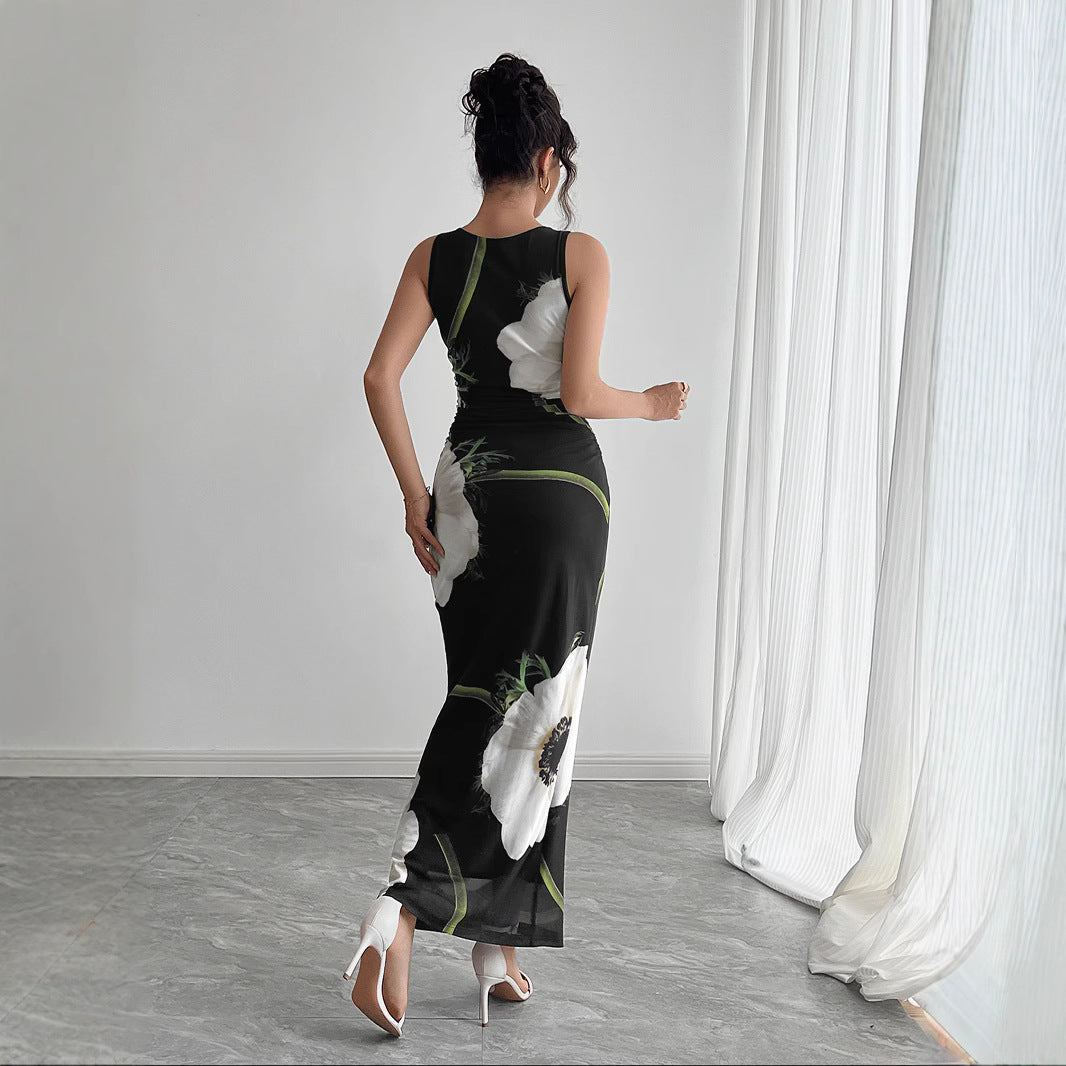 IvyShape | Black Mesh Printed Sleeveless Long Skirt Dress