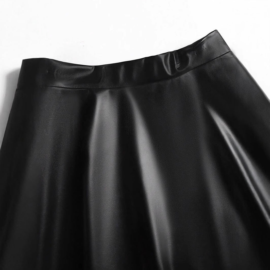 Women Faux Leather Party Skirt with Flared Hem and High Waist Ivyshape