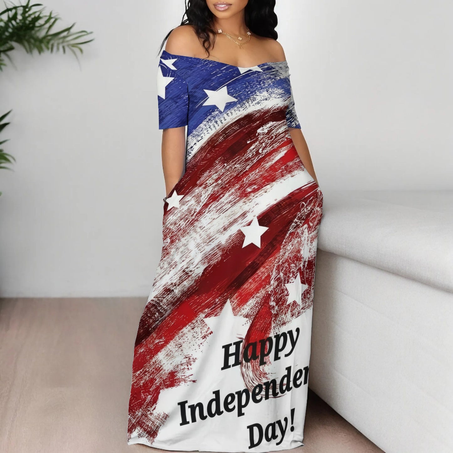 Women's Off-Shoulder Maxi Dress in Creative Graphic Design and Comfortable Fit Ivyshape