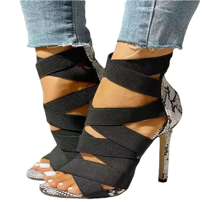 Women's High-Quality Ankle Strap Sandals with Snake Print and High Heel Ivyshape