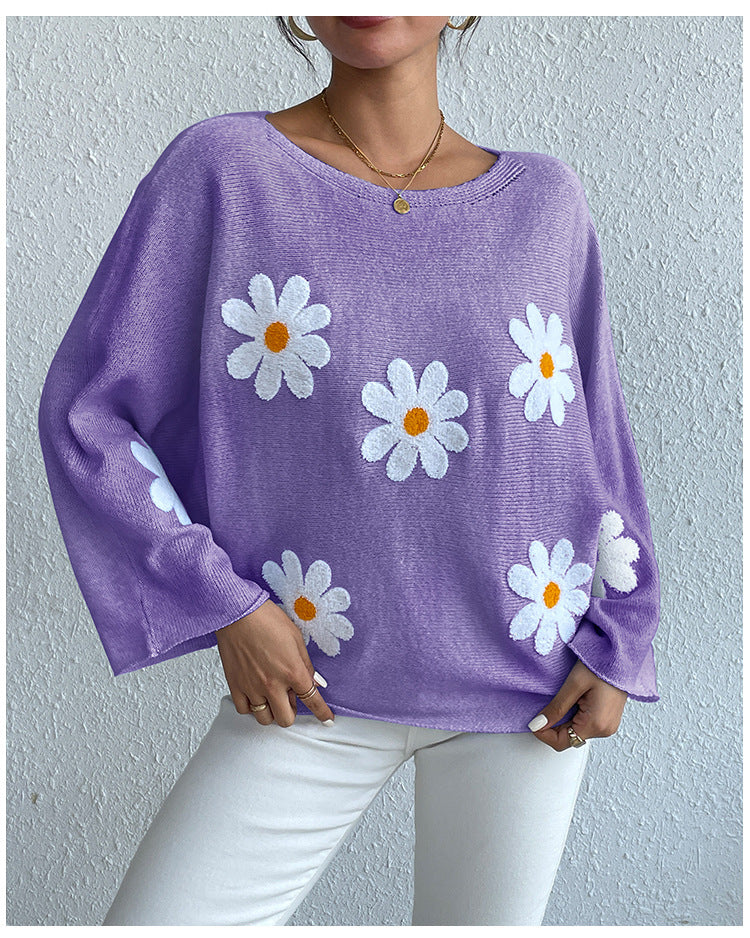 IvyShape | Floral Embroidery One-Shoulder Pullover Sweater