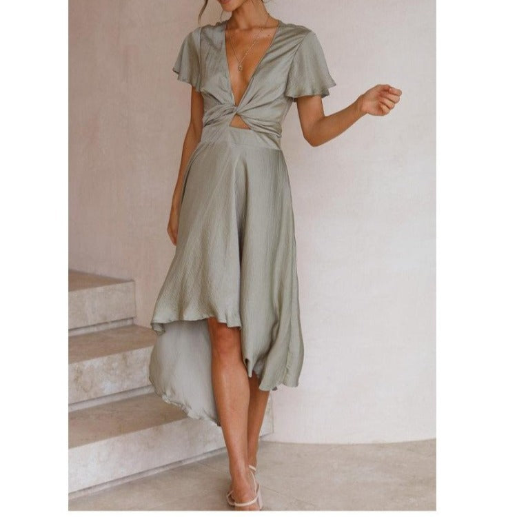 IvyShape | Women's Short Sleeve V-Neck Irregular Tie Dress