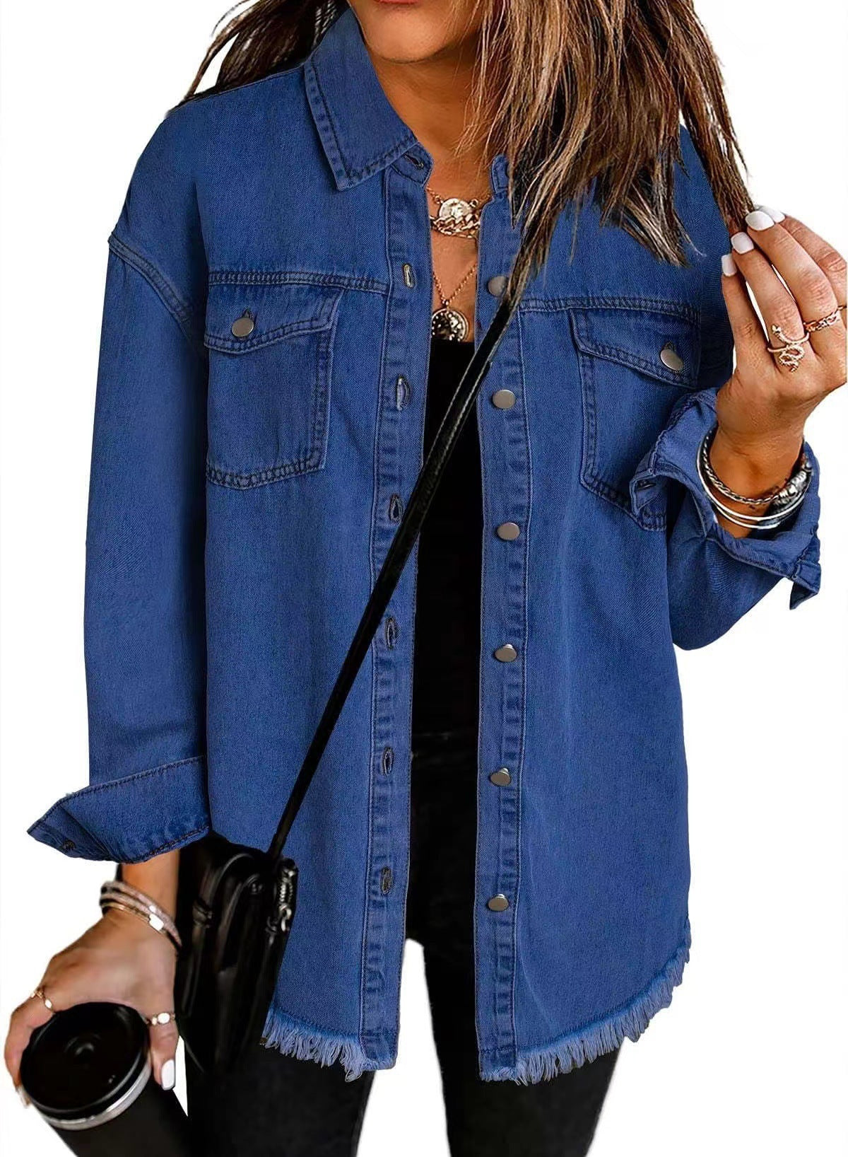 Women's Casual Denim Shirt with Frayed Hem and Practical Chest Pockets Ivyshape