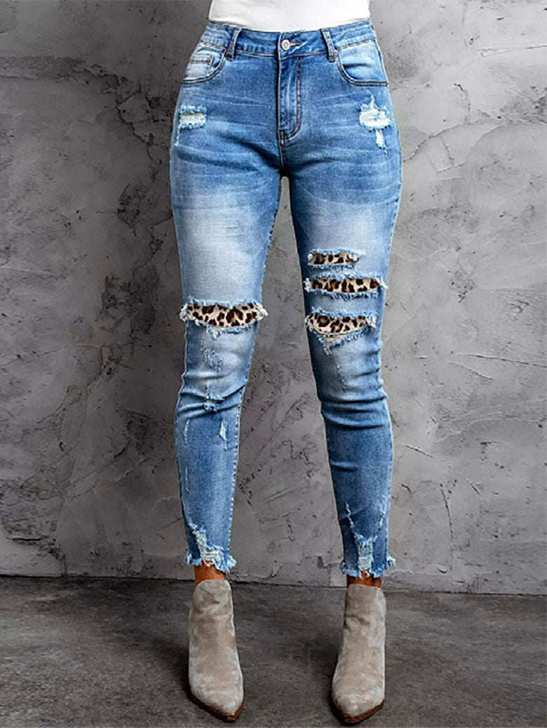 Women's Ripped Skinny Jeans with Leopard Detail Ivyshape