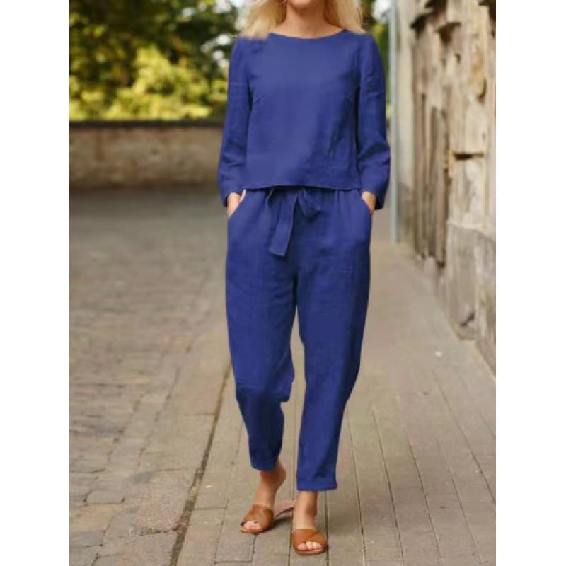 Women's Casual Linen Set with Elegant Top and Loose Pants Ivyshape