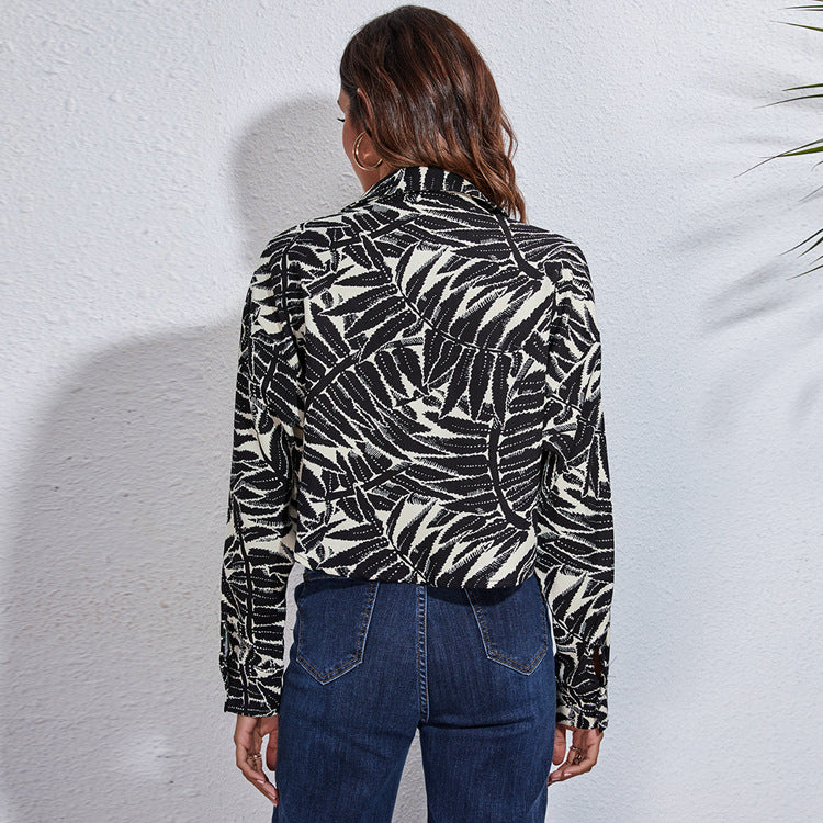 Ladies Fashion Blouse with Tropical Leaf Pattern and Casual Cut Ivyshape