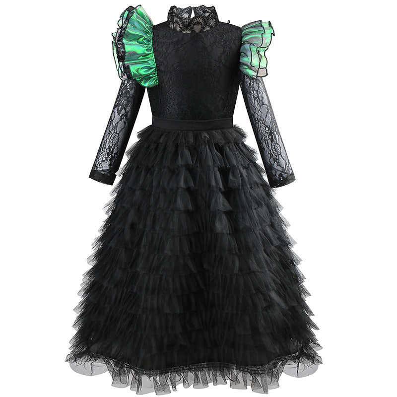 Ladies' Festive Ruffled Dress with Lace Sleeves Ivyshape