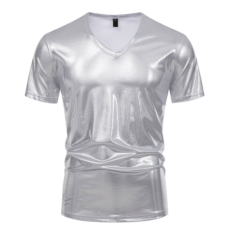 Men's V-neck T-shirt made of shiny material with personal style Ivyshape