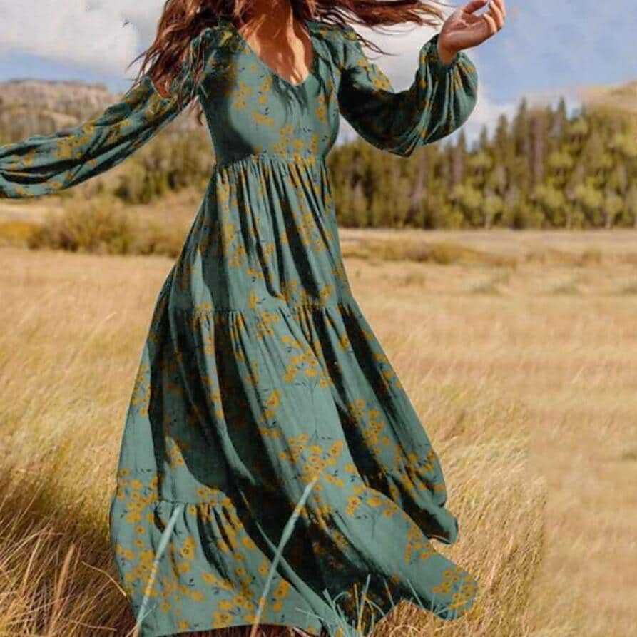 Women’s Boho Long Sleeve Dress with Floral Accents and Flared Hem Ivyshape