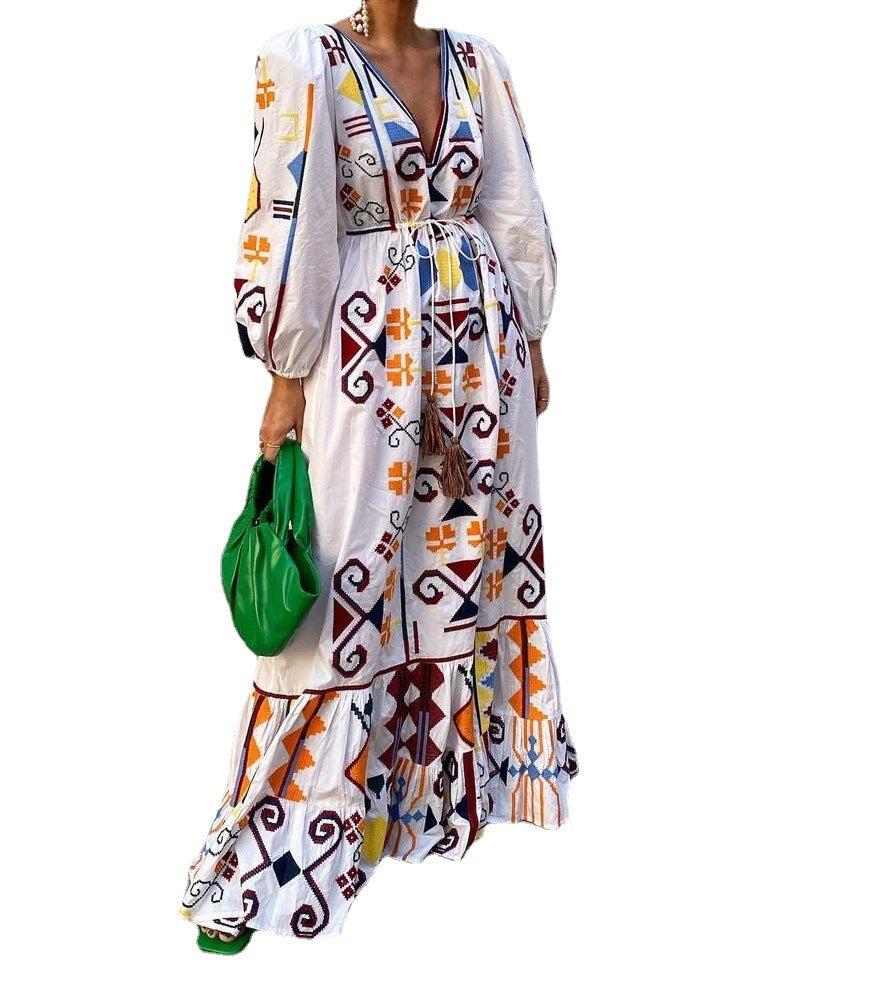 style lantern sleeve printed long skirt mop the floor skirt