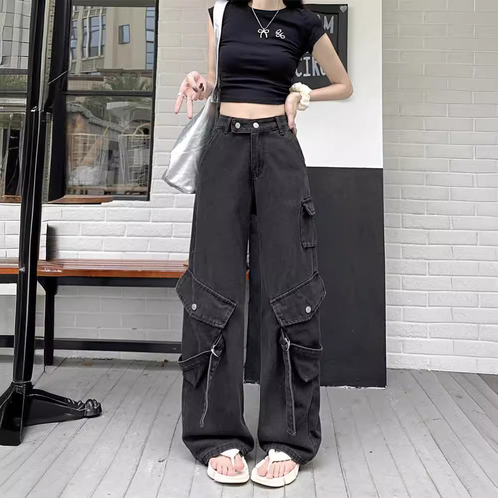 Women's loose cargo jeans with practical buckles and fashionable cut Ivyshape