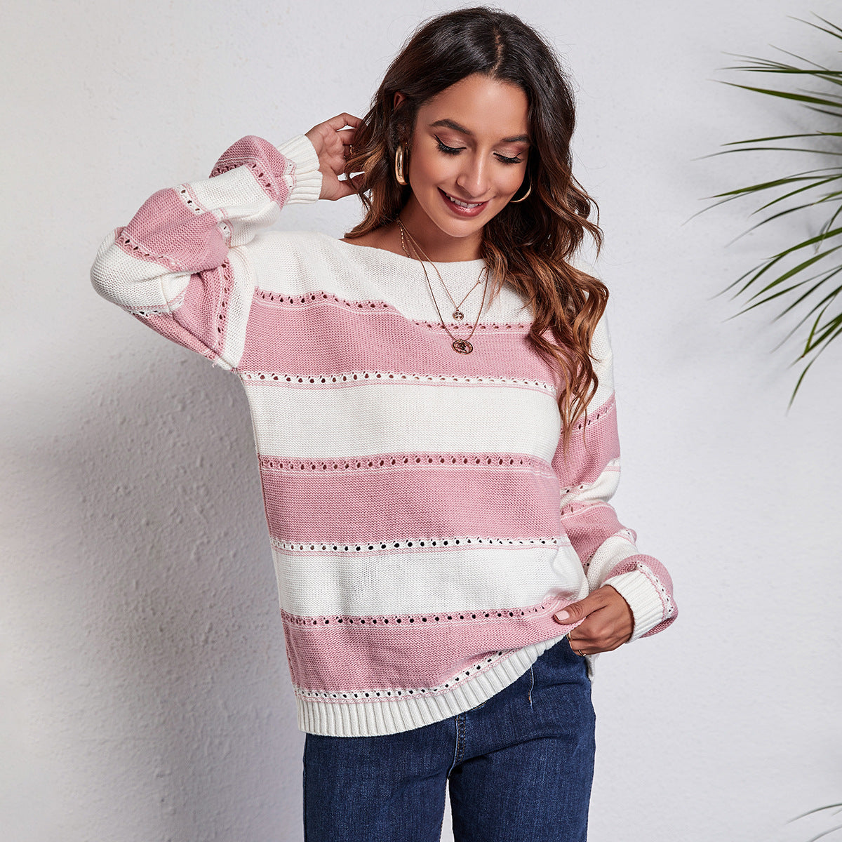 Women's Casual Knit Sweater with Trendy Striped Pattern and Sparkling Details Ivyshape