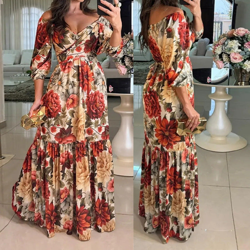 IvyShape | Fashion Printed V-Neck Tie Waist Maxi Dress