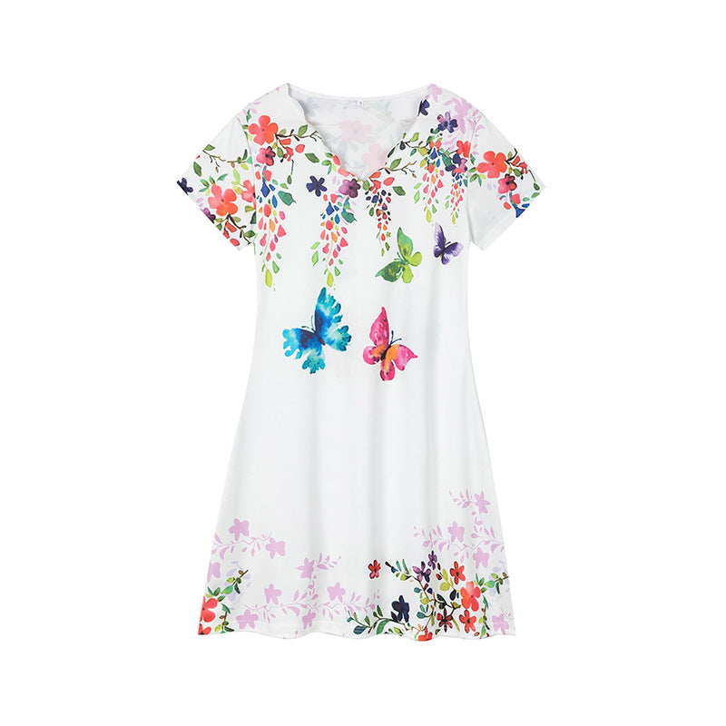 IvyShape | Printed V-Neck Short Sleeve Loose Dress