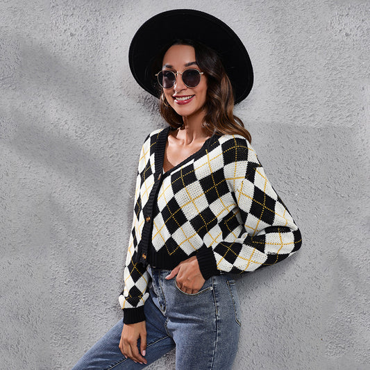 Ladies fashionable check design pullover with deep V-neck and elegant button details Ivyshape
