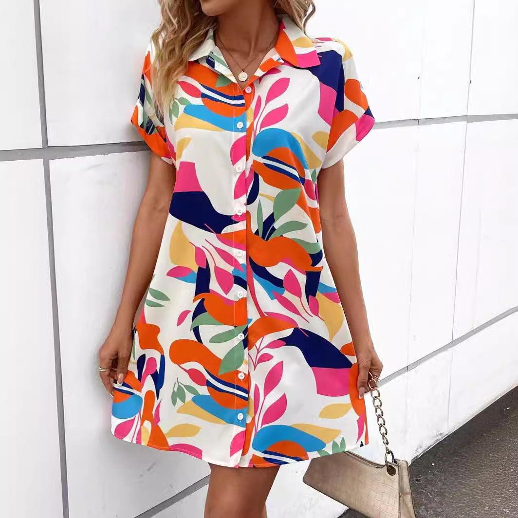Women's Short-Sleeved Shirt Dress with Fresh Leaf Print Ivyshape