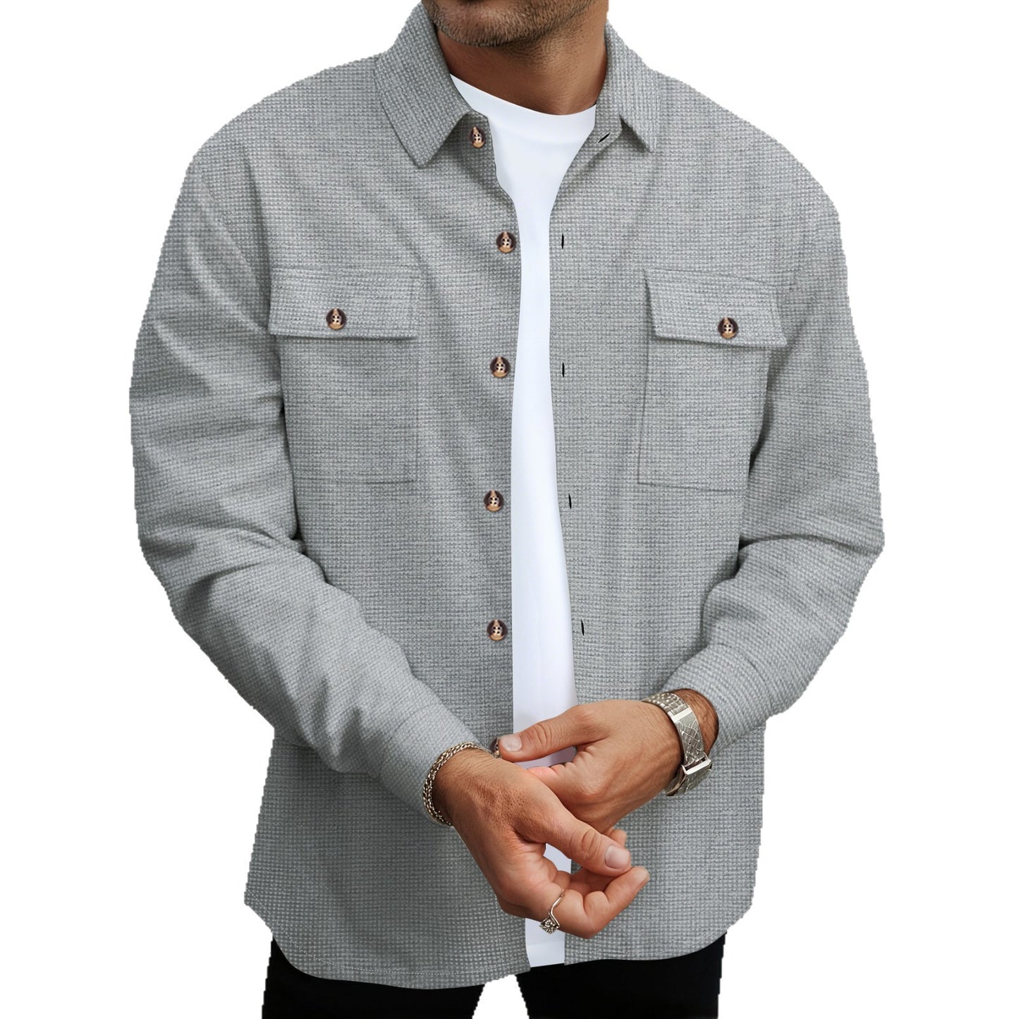 Men's fashionable shirt jacket with full button placket and chest pockets Ivyshape