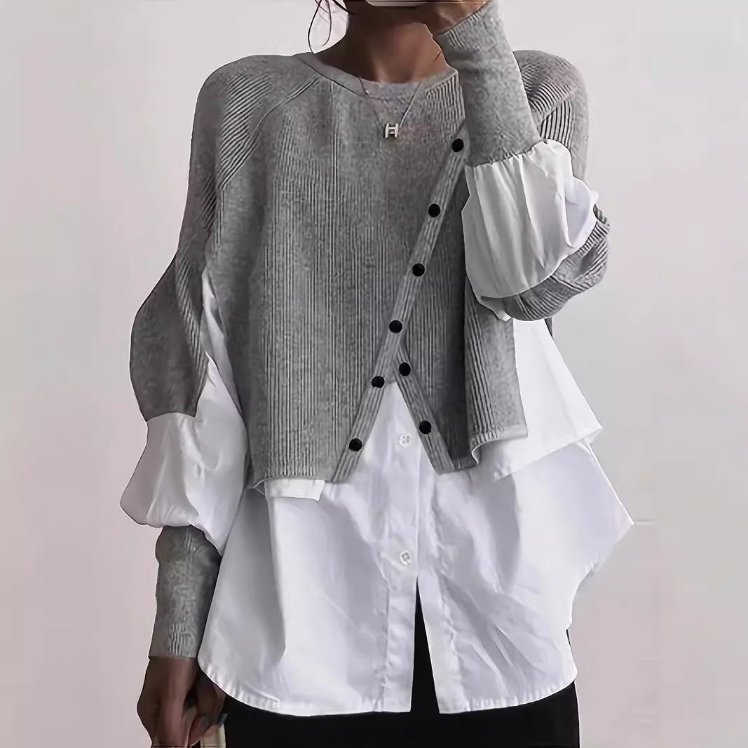 Ladies' stylish knit top with organic layering and elegant puff sleeves Ivyshape