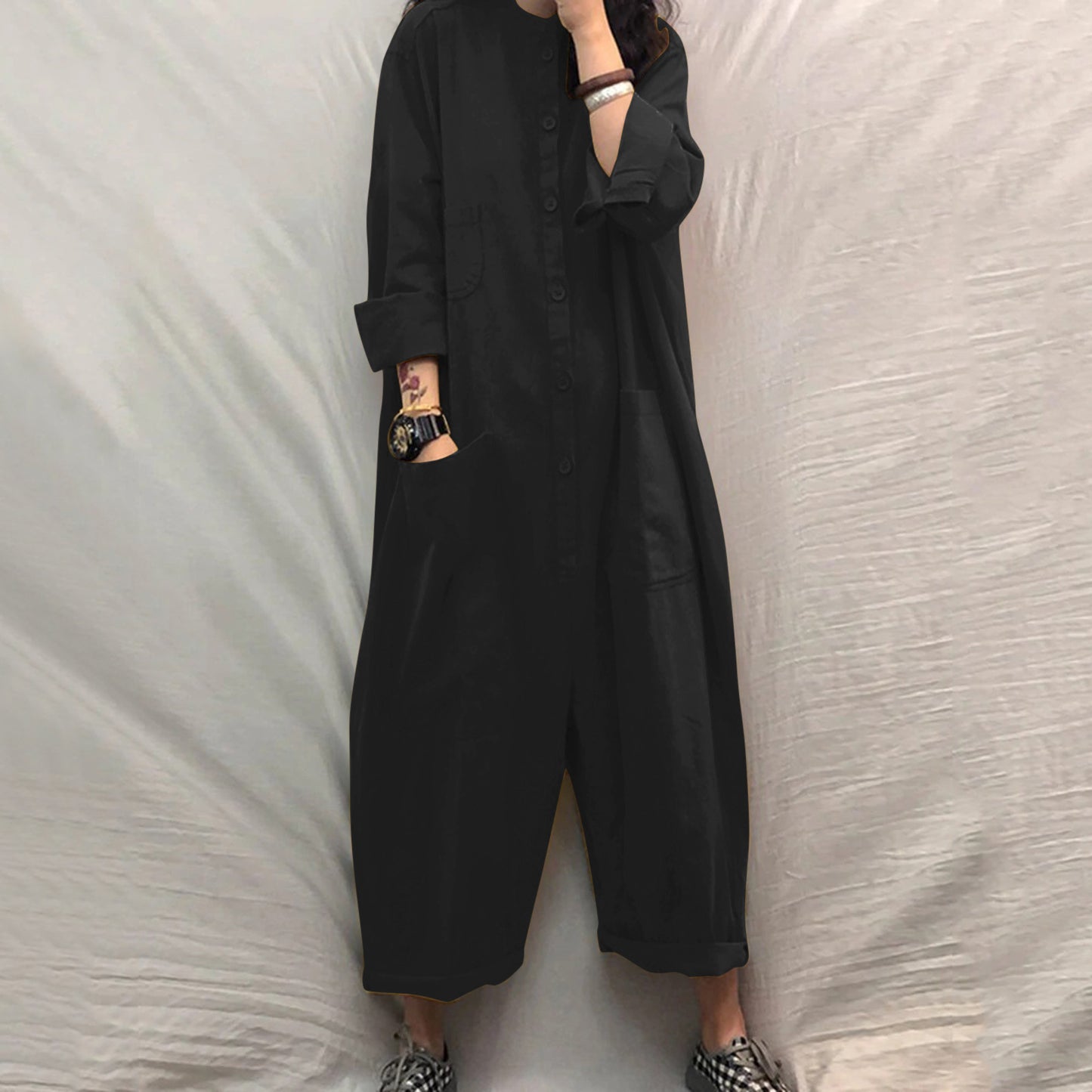 Women's Casual Jumpsuit with Oversized Pockets and Button Closure Ivyshape