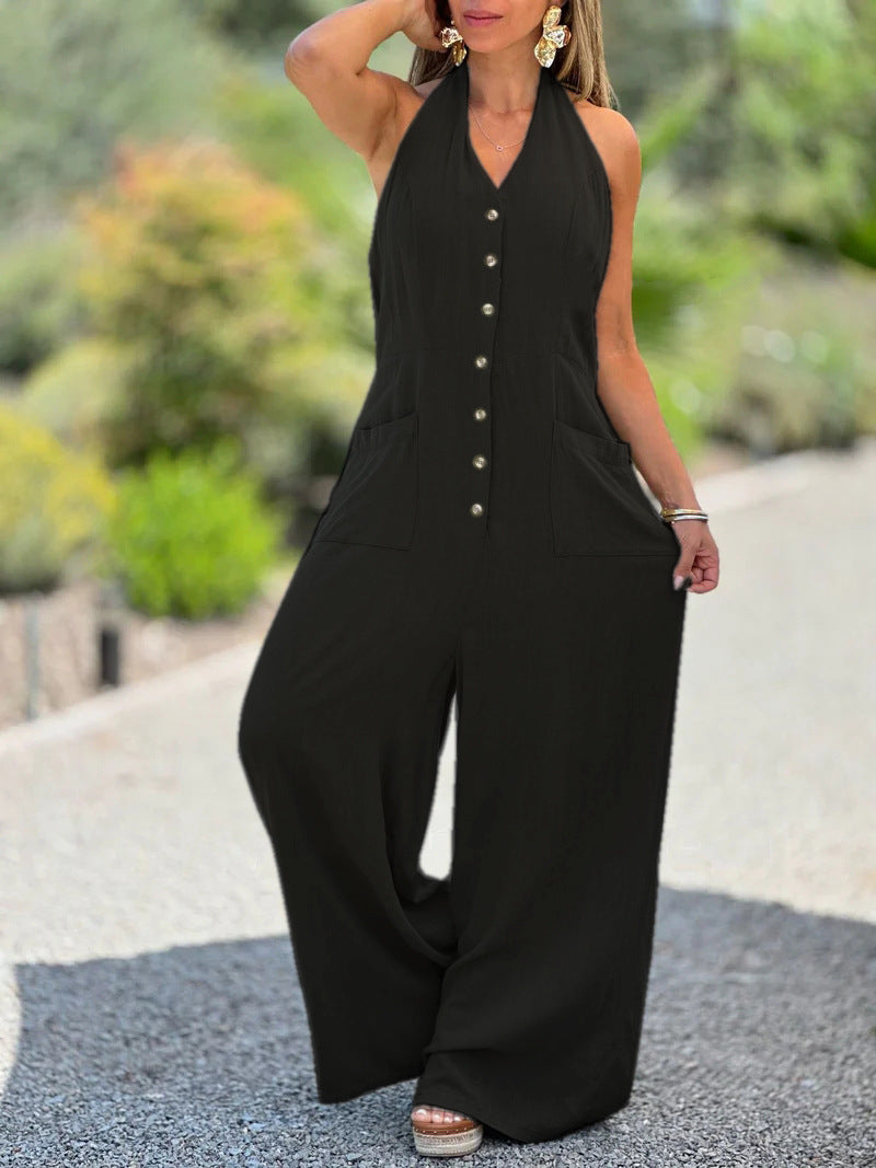 IvyShape | Backless Sleeveless Loose Cotton Linen Tie Jumpsuit