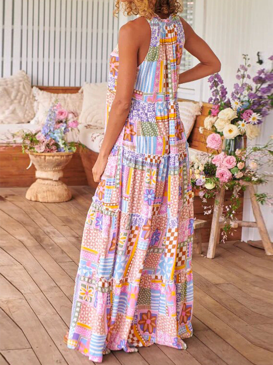 IvyShape | Spring Summer Printed Round Neck Long Dress