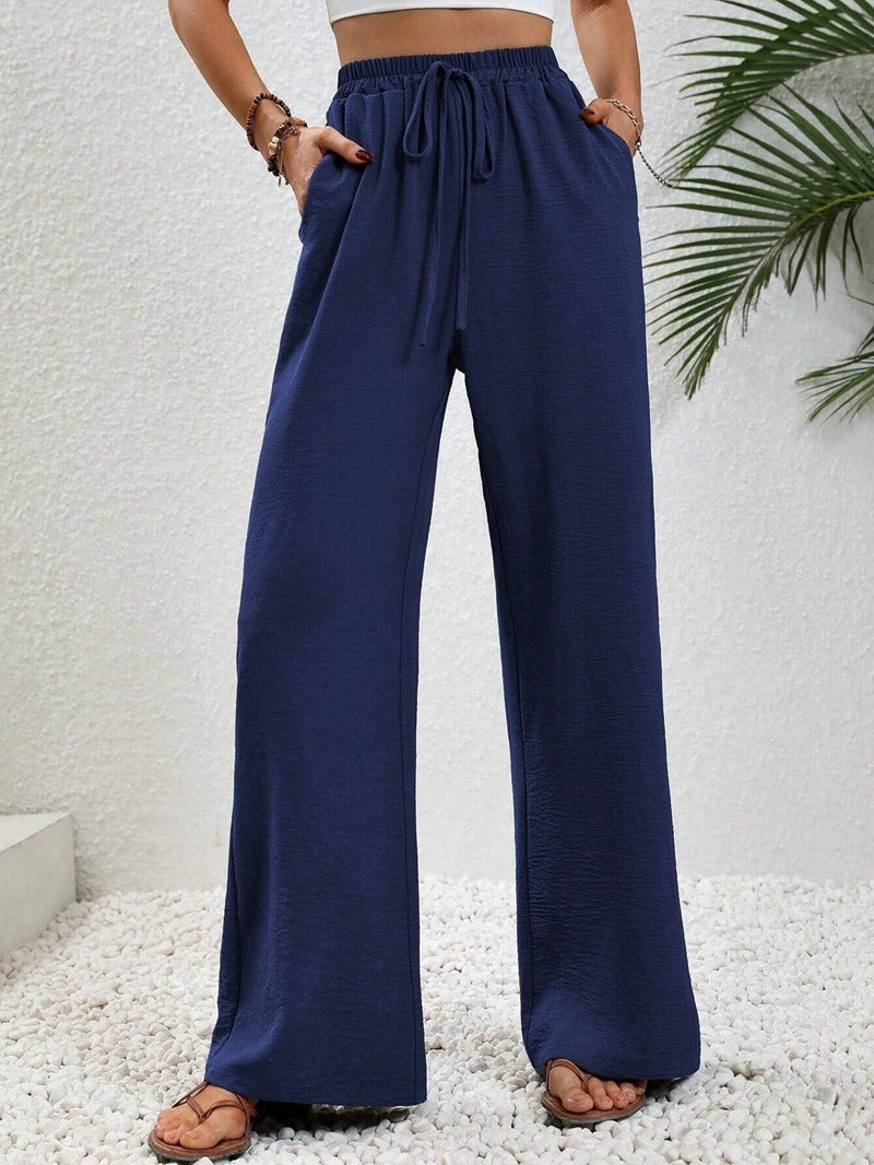 Women's Relaxed Palazzo Pants with Elastic Waistband and Side Pockets Ivyshape