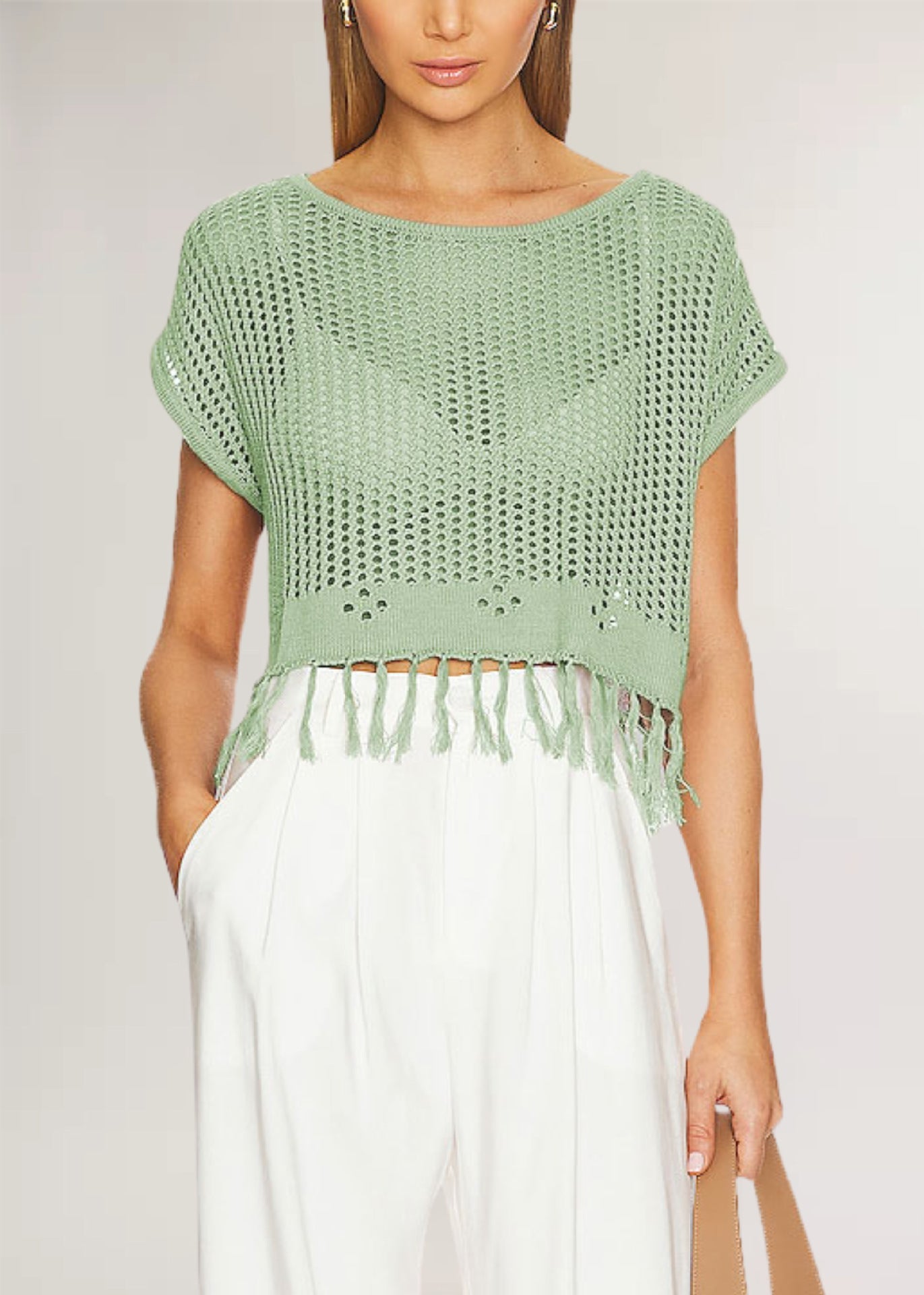 IvyShape | Solid Color Tassel Knit Round Neck Top