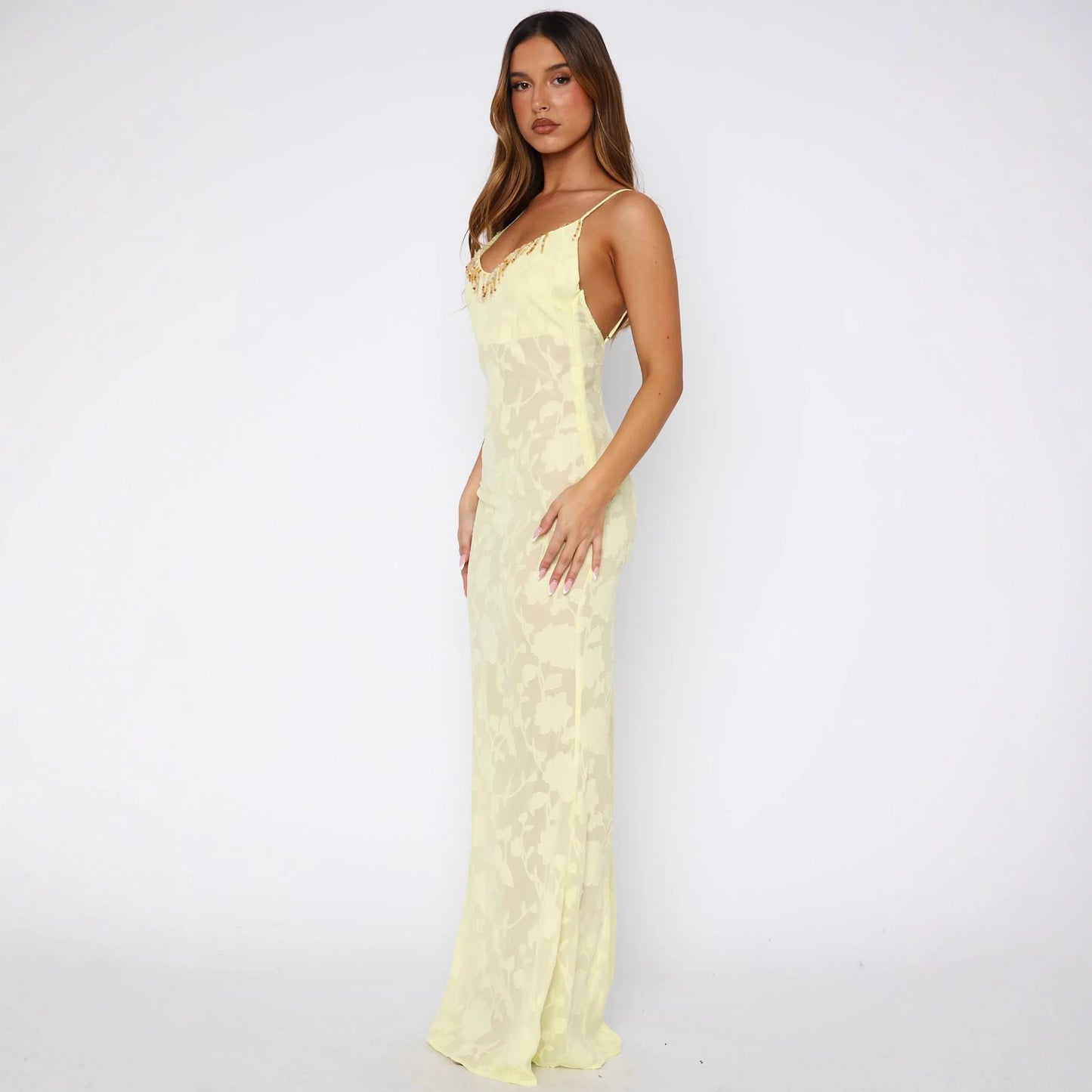 Women Elegant Transparent Wrap Dress with Floral Pattern and Sparkling Neckline Ivyshape