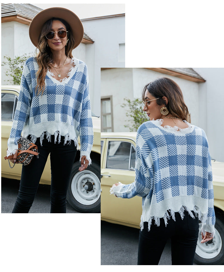 IvyShape | V-neck fringe sweater