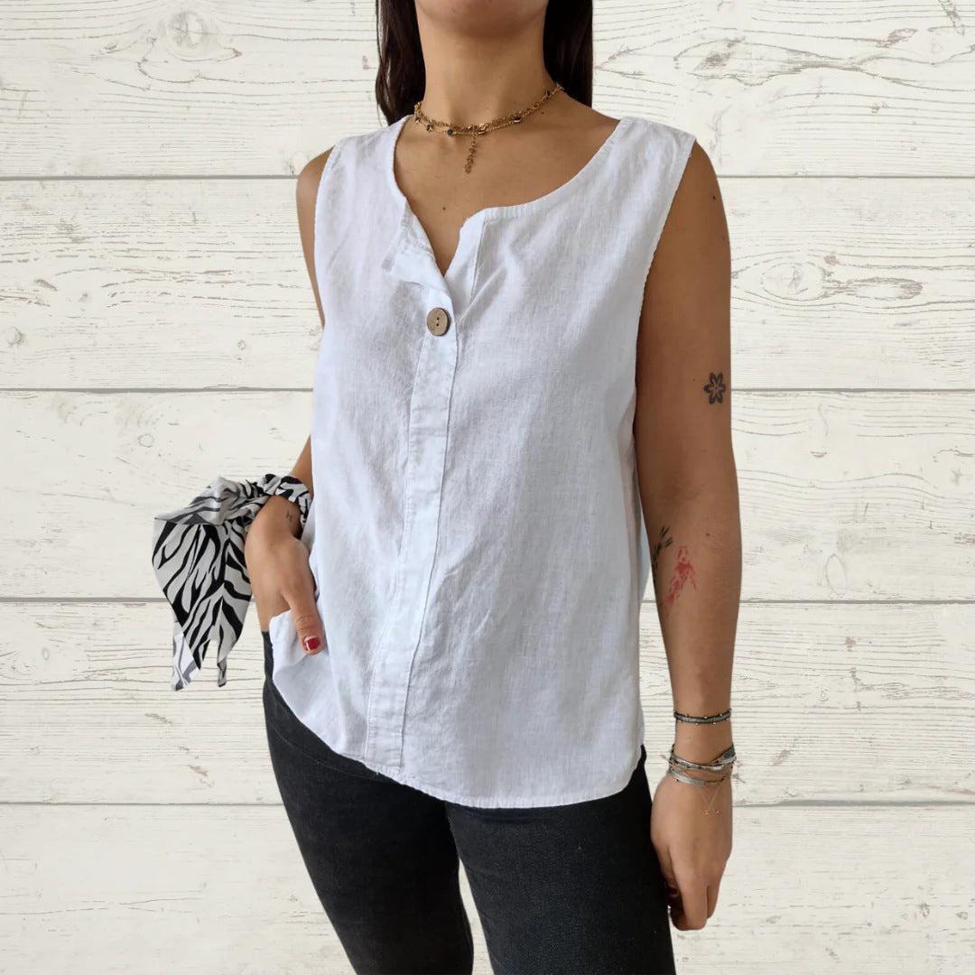 Women Light, Sleeveless Linen Blouse with Button Details Ivyshape