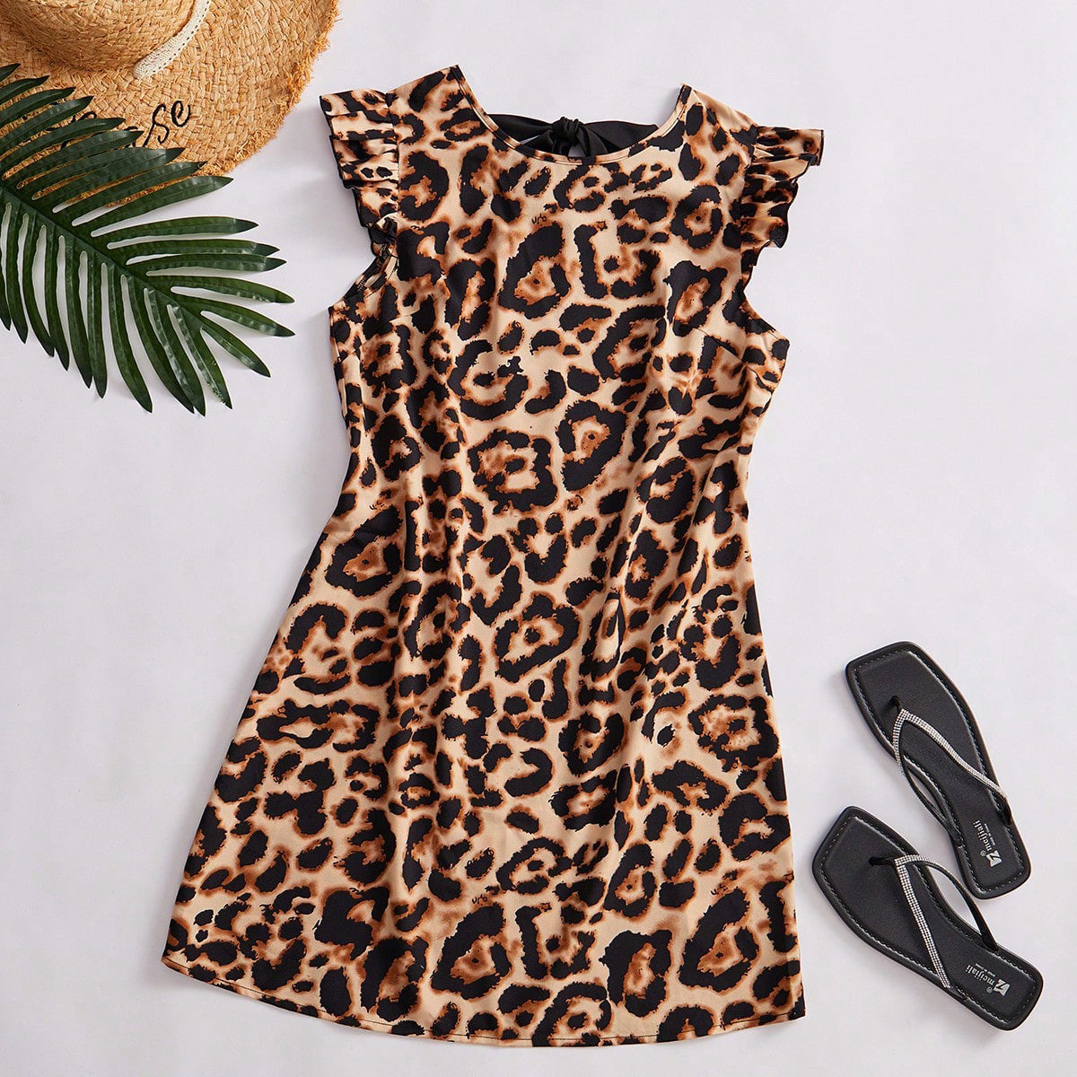 IvyShape | Leopard Print Neckline Tie Flying Sleeve Midi Dress