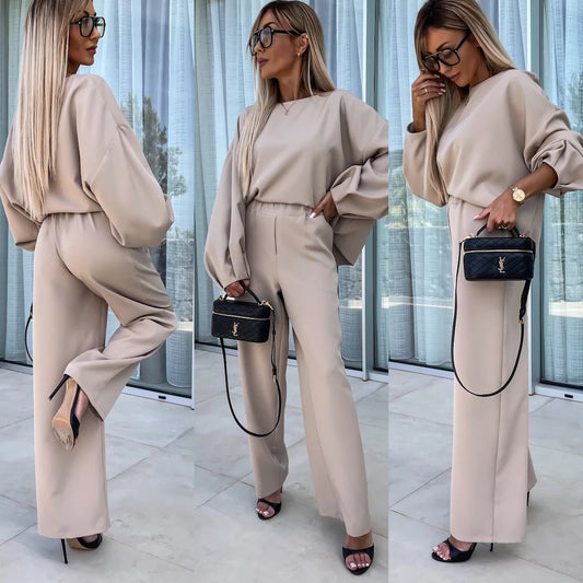 Women elegant two-piece set with oversized blouse and wide pants Ivyshape