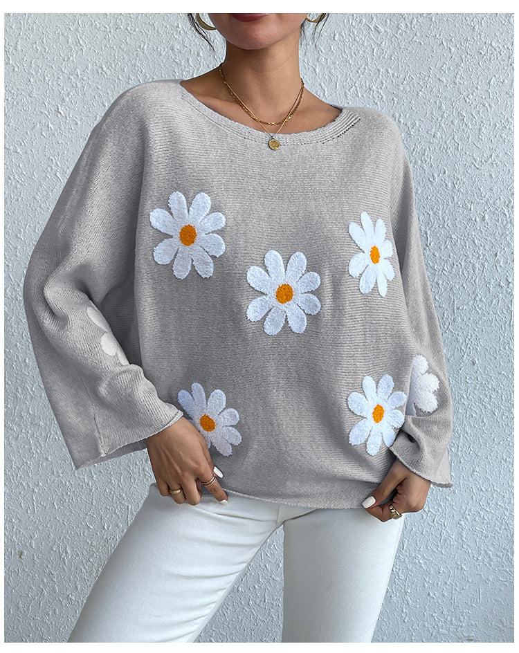 IvyShape | Floral Embroidery One-Shoulder Pullover Sweater