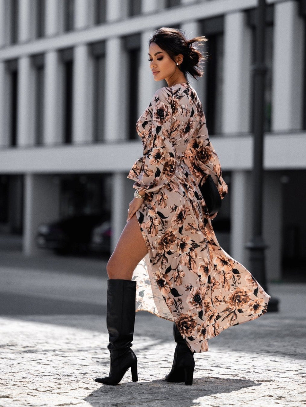 IvyShape | Floral Print Leopard Split Long Sleeve Dress Set