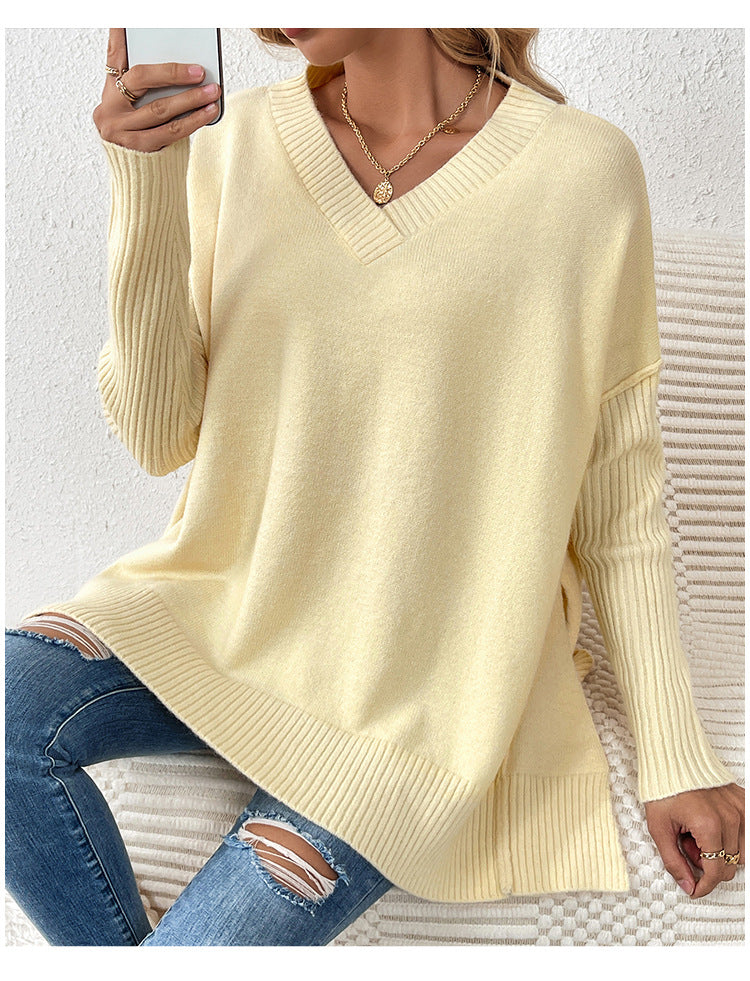 IvyShape | V-Neck Split Long Sleeve Knit Sweater