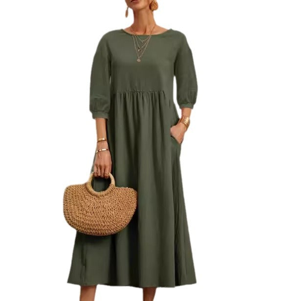 Women’s Cotton Midi Dress with Balloon Sleeves and Pockets Ivyshape
