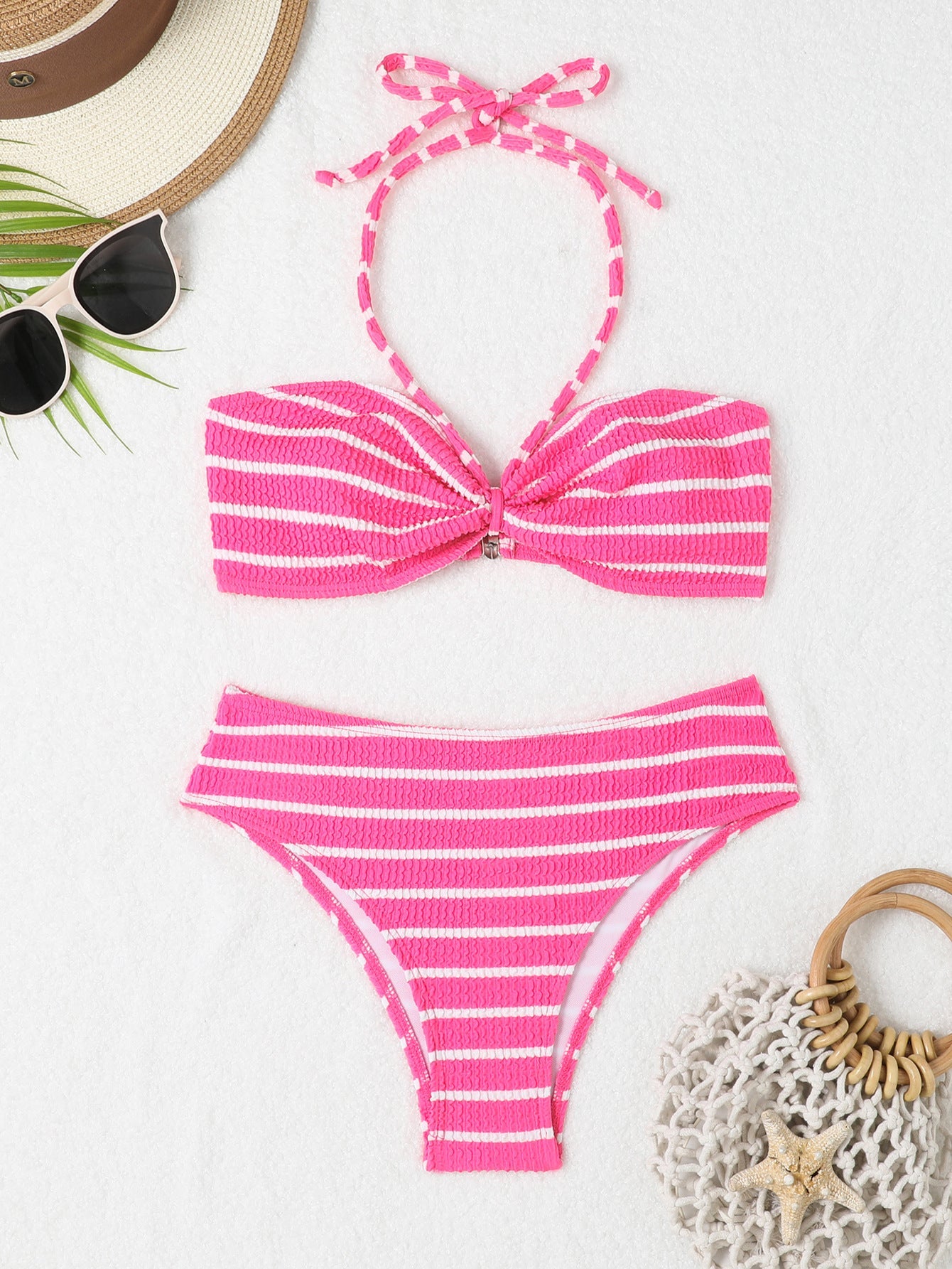 Women striped bikini set with braided top and high leg cut Ivyshape