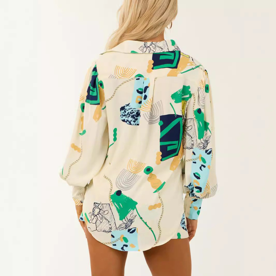 IvyShape | Long Sleeve Abstract Print Loose Versatile Outerwear Shirt