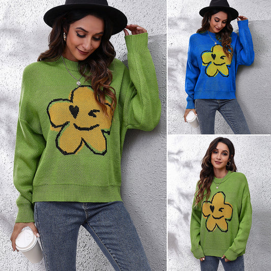 Ladies chunky knitted sweater with floral pattern and casual cut Ivyshape