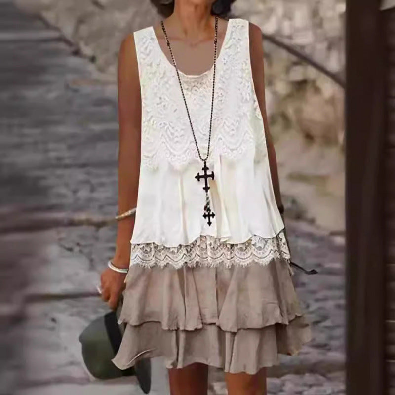 Women's summer midi dress with ruffle details and lace Ivyshape