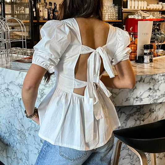 Women enchanting blouse with knot detail and puff sleeves Ivyshape