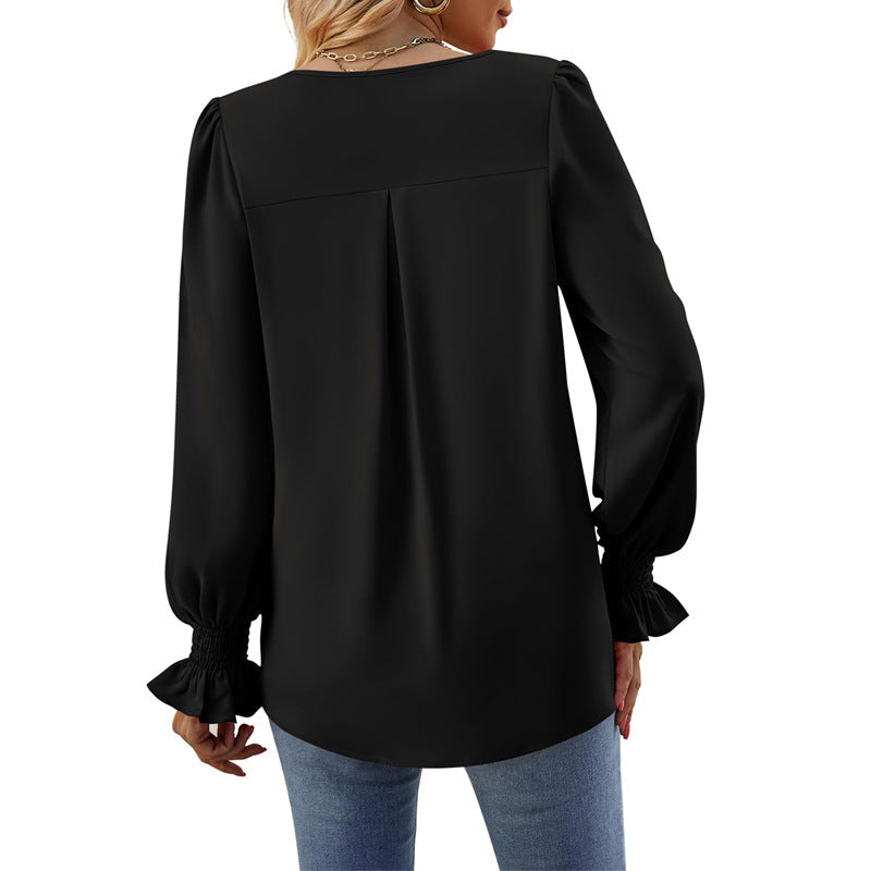 IvyShape | Solid Color V-Neck Puff Sleeve Long Sleeve Top