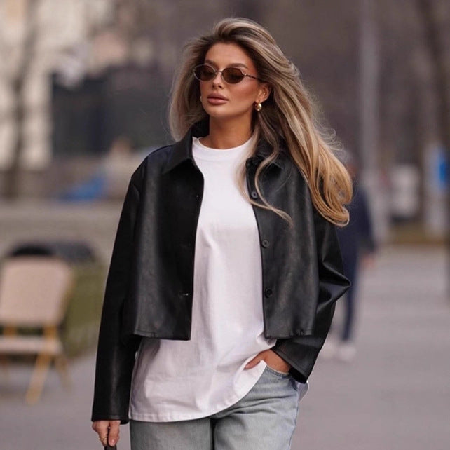 Women Fashionable cropped Faux Leather Jacket with Stylish Details Ivyshape