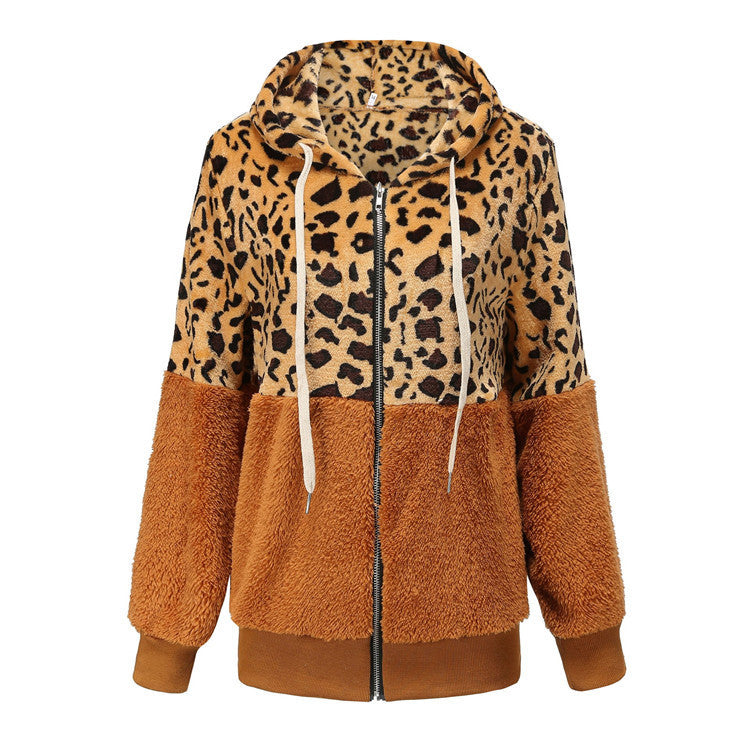 Women's Fashion Fleece Hoodie with Animal Print and Contrast Details Ivyshape