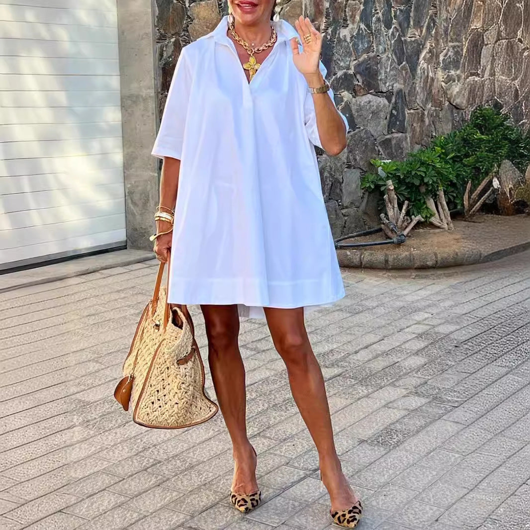 IvyShape | Urban Everyday Loose White Short Sleeve A-Line Shirt Dress