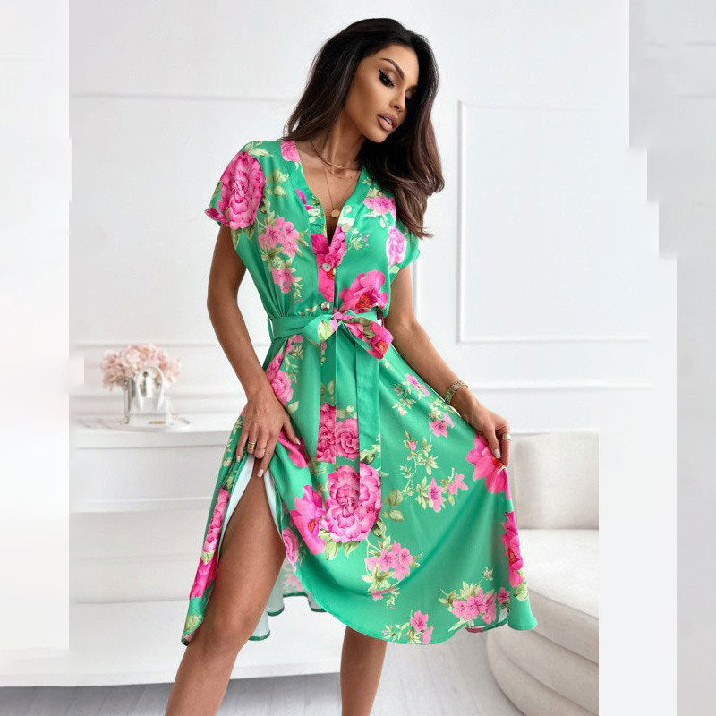 IvyShape | V-Neck Button Tie Loose Short Sleeve Midi Dress