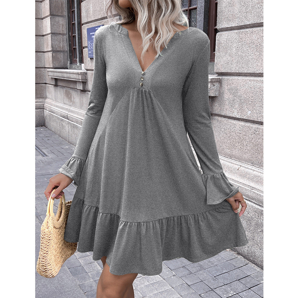 Women's loose dress with flattering V-neckline and bell sleeves Ivyshape
