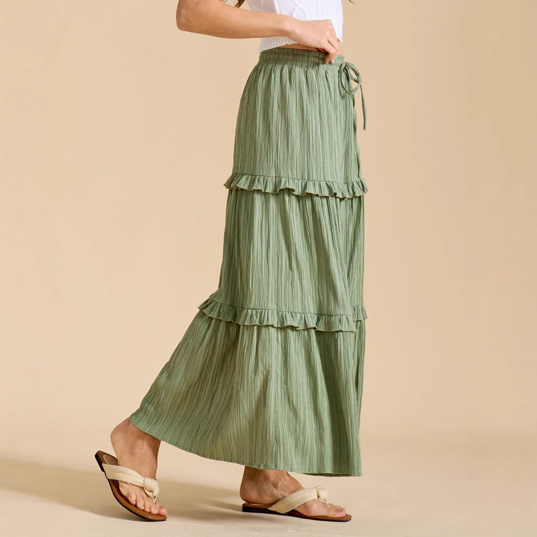 Women's Long Flared Skirt with Ruffles and Elastic Waist Ivyshape