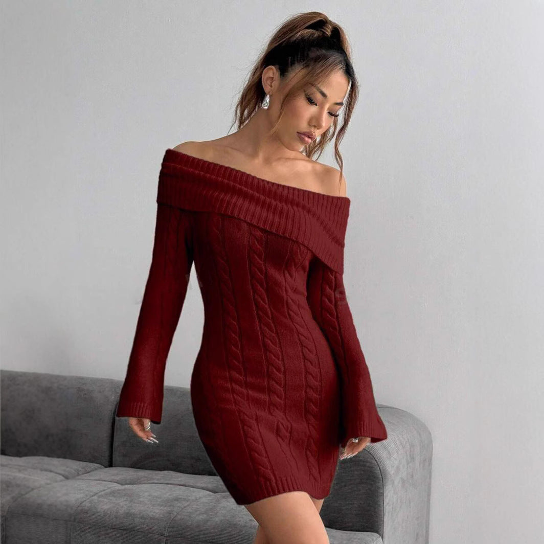 Women figure-hugging knitted dress with wide neckline Ivyshape